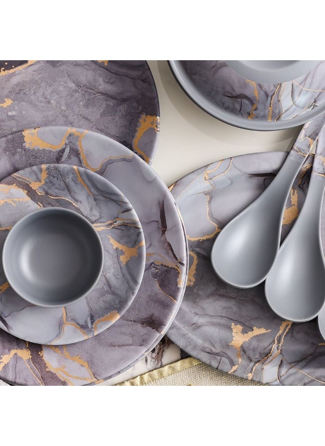 Urmi Matt 32-Piece Melamine Dinner Set – Elegant, Durable & Lightweight Dinnerware for 6, Break-Resistant, Ideal for Daily Use, Parties, Outdoor Dining & Family Meals Grey Gold