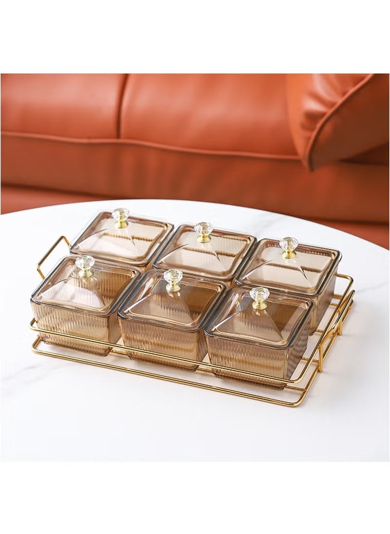 Snack Serving Tray with Lid 6 Clear Candy and Nut Serving Container set with Metal Rack, Plastic Appetizer Platter Relish Storage Organizer Plate Food Display Bowls for Vegetables Candy Fruit Dips