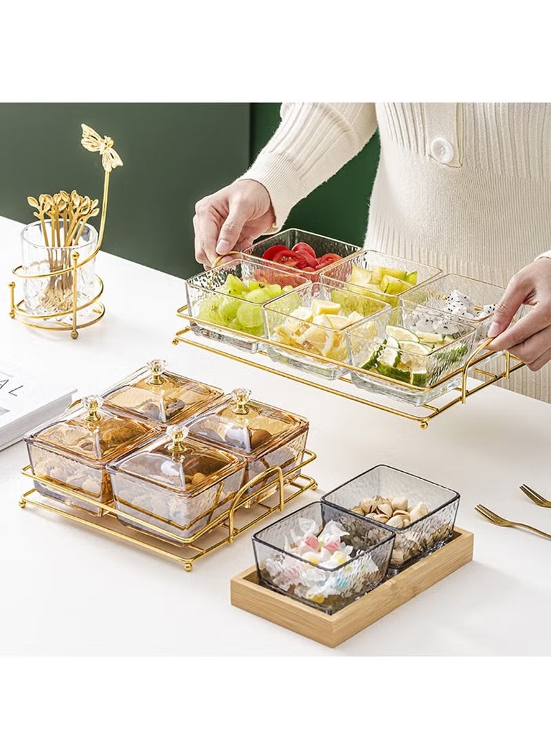 Snack Serving Tray with Lid 6 Clear Candy and Nut Serving Container set with Metal Rack, Plastic Appetizer Platter Relish Storage Organizer Plate Food Display Bowls for Vegetables Candy Fruit Dips