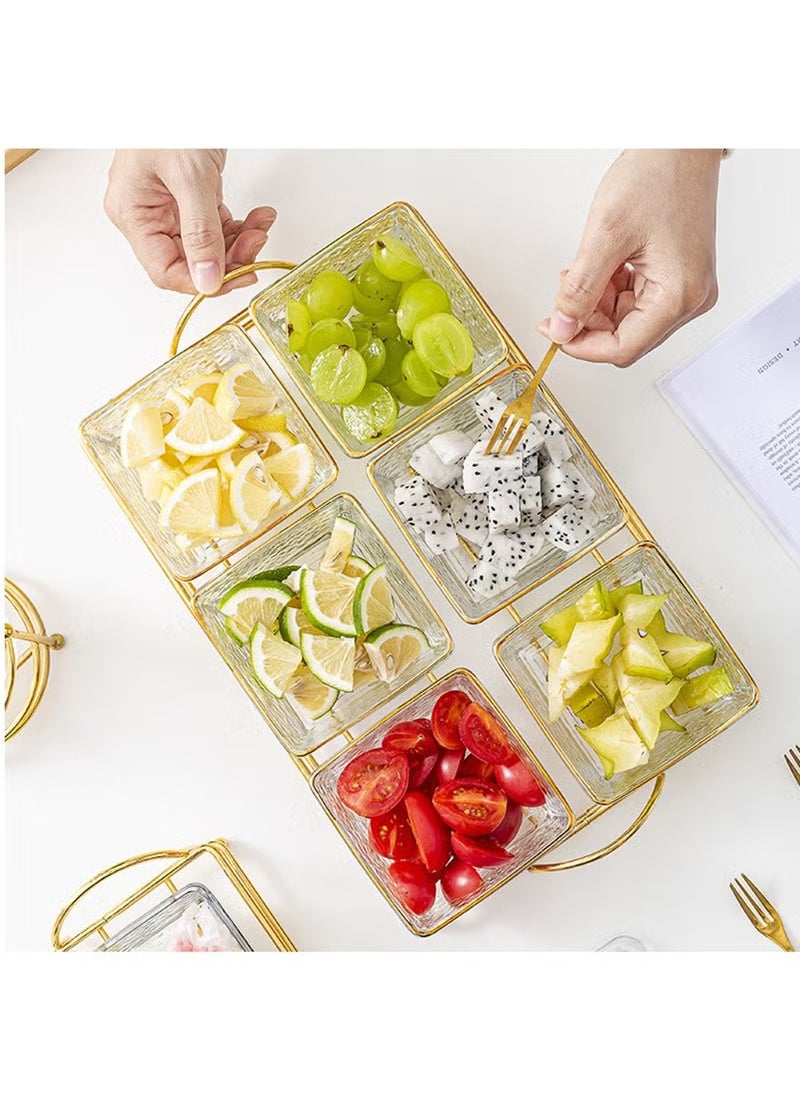 Snack Serving Tray with Lid 6 Clear Candy and Nut Serving Container set with Metal Rack, Plastic Appetizer Platter Relish Storage Organizer Plate Food Display Bowls for Vegetables Candy Fruit Dips