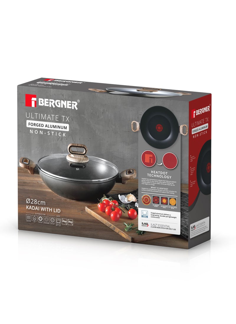 ULTIMATE TX FORGED ALUMINUM KADAI + LID 28 CM WITH HEATDOT TECHNOLOGY, INDUCTION BOTTOM, GREY COLOR, BG36177GY