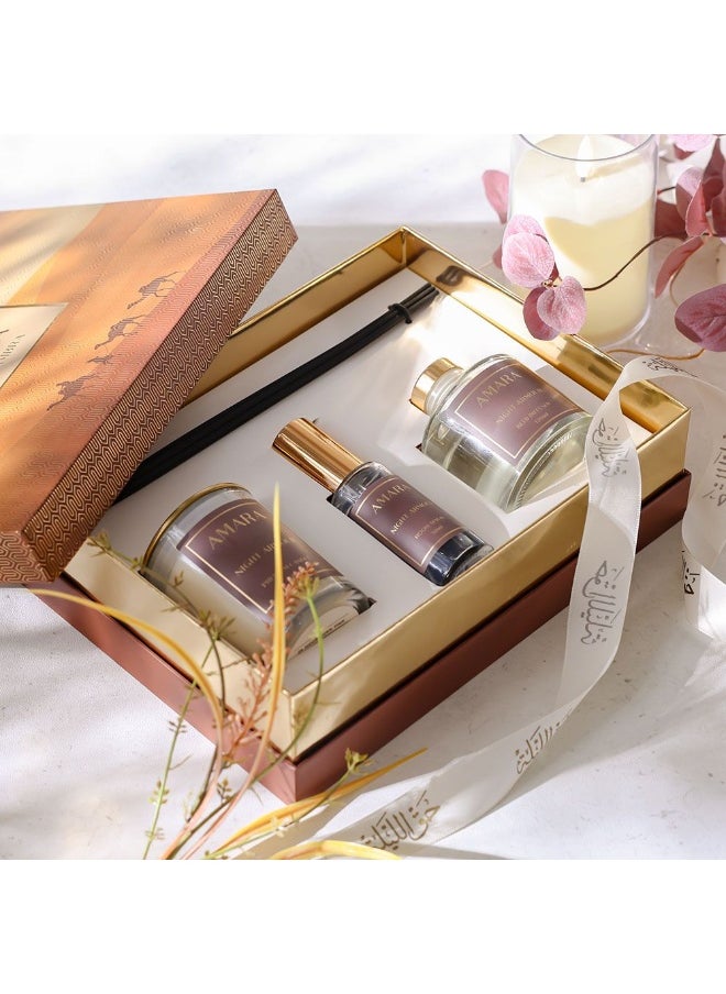 Amara Night Armour Scented Candle, Reed Diffuser & Room Spray Set – Luxury Home Fragrance Gift Set For Bedroom, Living Room, Office, Relaxation & Aromatherapy - 50 Ml, 120 Ml