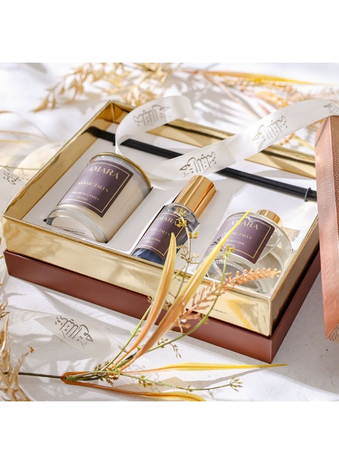 Amara Candle + Reed Diffuser + Room Spray Set Mystic Falls – Luxury Home Fragrance Gift Set With Long-Lasting Scent For Bedroom, Living Room, Office & Spa - 50 Ml, 120 Ml