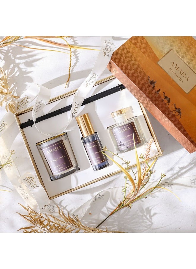 Amara Candle + Reed Diffuser + Room Spray Set Mystic Falls – Luxury Home Fragrance Gift Set With Long-Lasting Scent For Bedroom, Living Room, Office & Spa - 50 Ml, 120 Ml