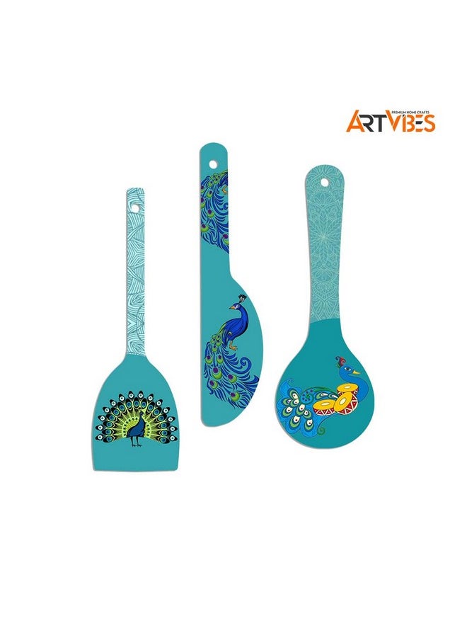 Artvibes Beautiful Peacock Wooden Wall Hanger for Home | Office | Living Room | Gift | Modern Decoration Items | Kitchen Wall Decor | Wood Hanging Ornaments Item (WH_5022N), Set of 3