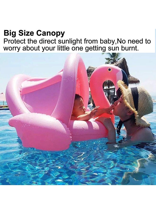 Flamingo Baby Swimming Ring with  Canopy Back Holder  Wings Airbag, Inflatable Baby Pool Float Sunshade for 1-6 Year Old