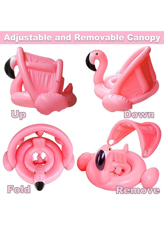 Flamingo Baby Swimming Ring with  Canopy Back Holder  Wings Airbag, Inflatable Baby Pool Float Sunshade for 1-6 Year Old