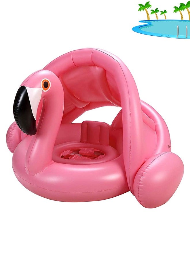 Flamingo Baby Swimming Ring with  Canopy Back Holder  Wings Airbag, Inflatable Baby Pool Float Sunshade for 1-6 Year Old