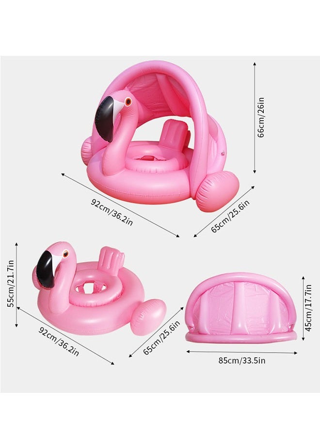 Flamingo Baby Swimming Ring with  Canopy Back Holder  Wings Airbag, Inflatable Baby Pool Float Sunshade for 1-6 Year Old