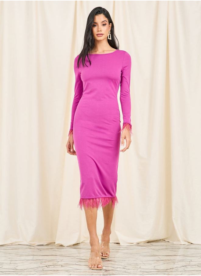 Faux Feather Trim Bodycon Midi Dress
