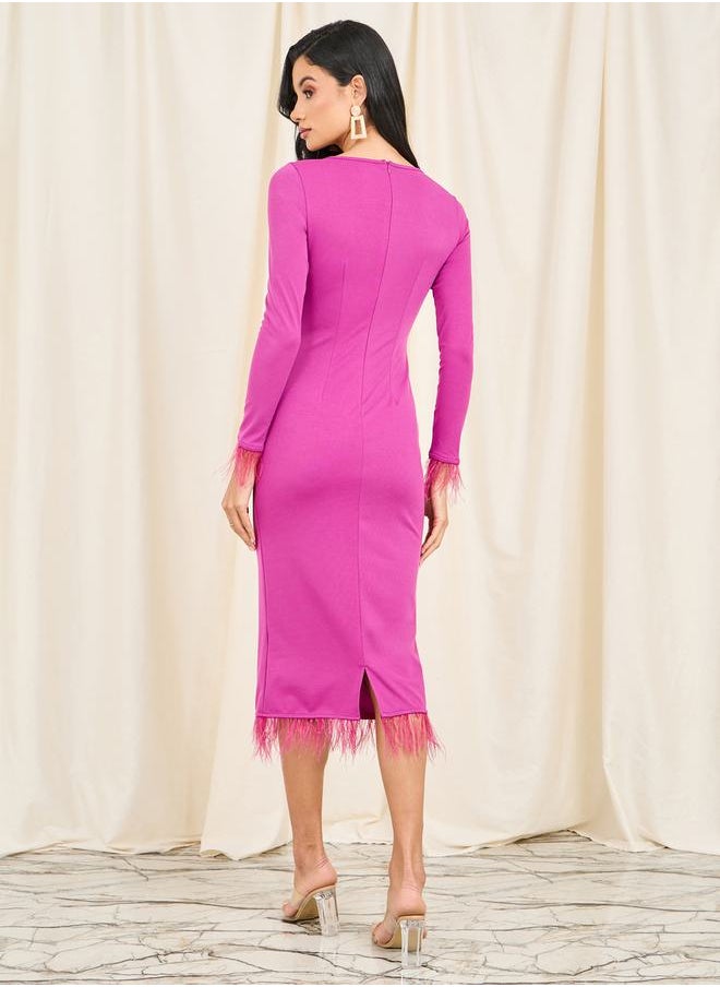 Faux Feather Trim Bodycon Midi Dress