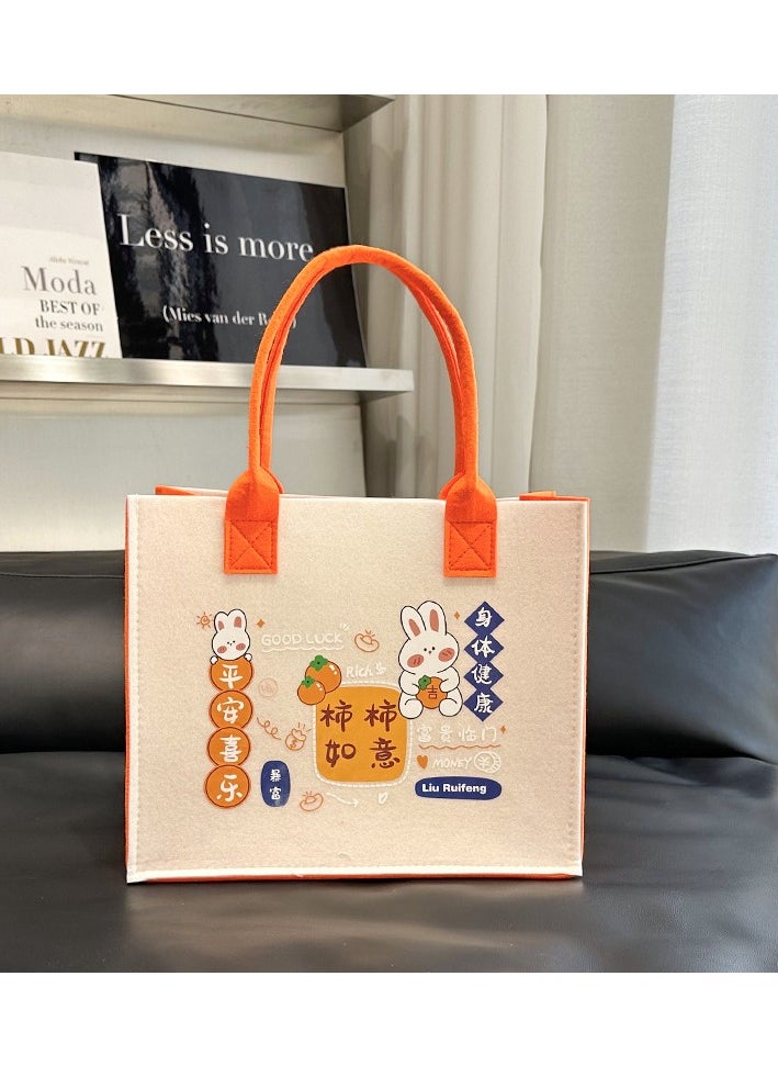 Cute Felt Tote Bag with Plush Animal Handle - Reusable Cartoon Printed Shopping Bag for Girls & Teens