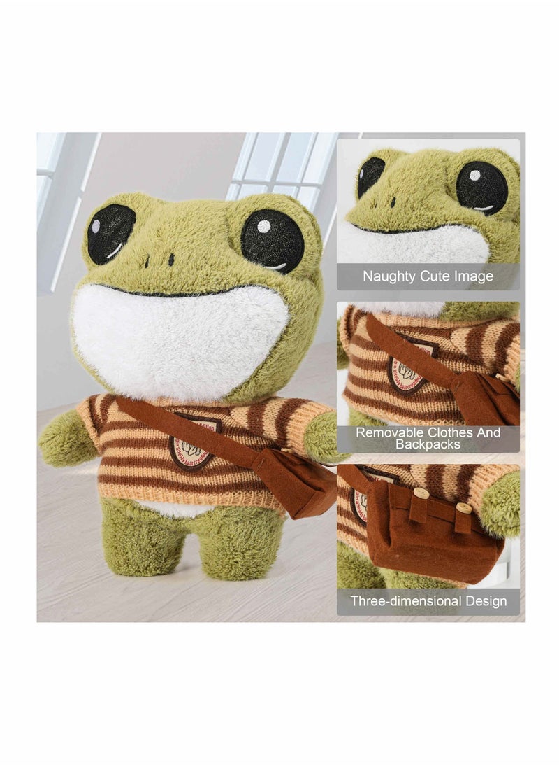 Frog Plush Animal, 11.4-inch Frog Stuffed Animal Toy, Soft Cute Variety Cartoon Green Frog Plushie with Cloths and Bag, Standing Stuffed Frog Gift for Kids Girls Boys