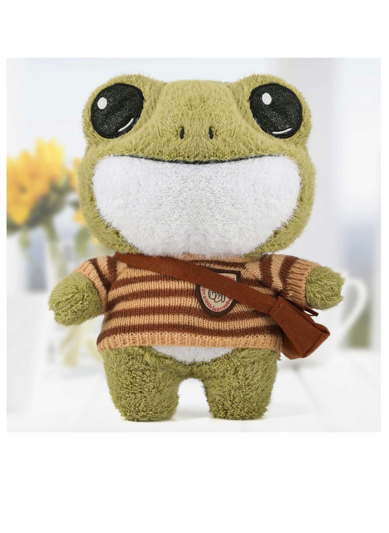 Frog Plush Animal, 11.4-inch Frog Stuffed Animal Toy, Soft Cute Variety Cartoon Green Frog Plushie with Cloths and Bag, Standing Stuffed Frog Gift for Kids Girls Boys