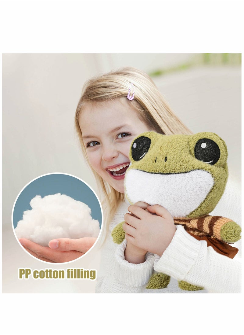 Frog Plush Animal, 11.4-inch Frog Stuffed Animal Toy, Soft Cute Variety Cartoon Green Frog Plushie with Cloths and Bag, Standing Stuffed Frog Gift for Kids Girls Boys