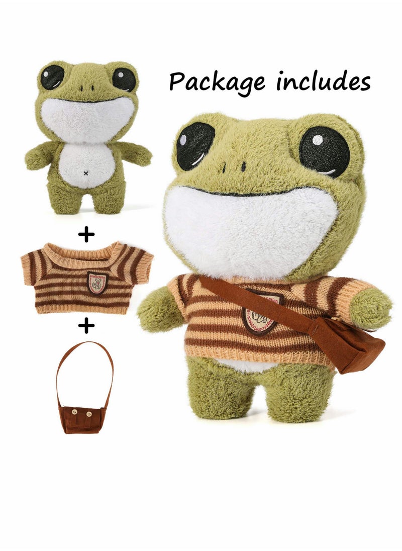 Frog Plush Animal, 11.4-inch Frog Stuffed Animal Toy, Soft Cute Variety Cartoon Green Frog Plushie with Cloths and Bag, Standing Stuffed Frog Gift for Kids Girls Boys