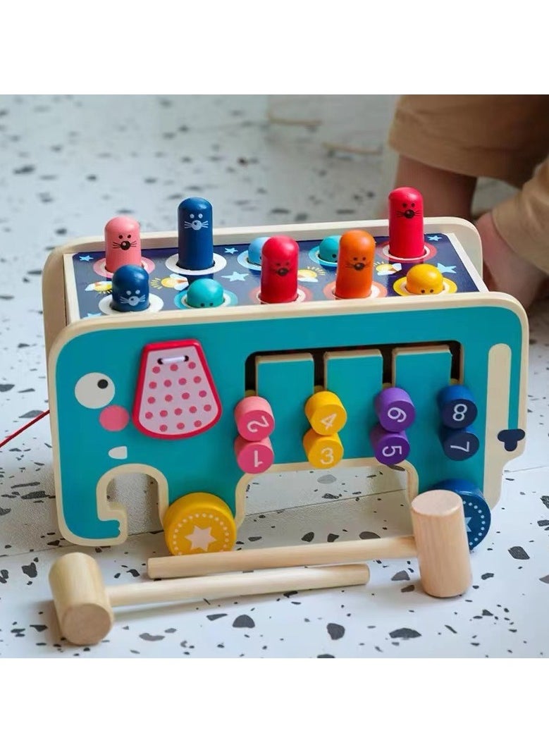 Wooden Hammering and Pounding Toys with 2 Mallets  1 Drumstick,Peg Pounding Bench, Elephant Gopher Toy, Tap Bench Hit Mole Hamster Game, Educational Wooden Toy Gift for Baby Toddlers (blue)