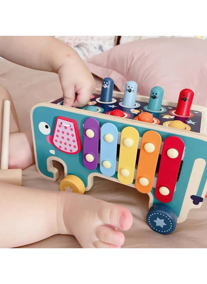 Wooden Hammering and Pounding Toys with 2 Mallets  1 Drumstick,Peg Pounding Bench, Elephant Gopher Toy, Tap Bench Hit Mole Hamster Game, Educational Wooden Toy Gift for Baby Toddlers (blue)