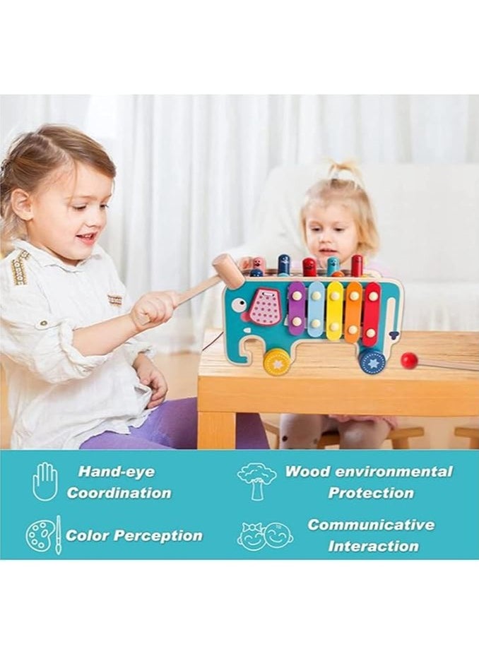 Wooden Hammering and Pounding Toys with 2 Mallets  1 Drumstick,Peg Pounding Bench, Elephant Gopher Toy, Tap Bench Hit Mole Hamster Game, Educational Wooden Toy Gift for Baby Toddlers (blue)