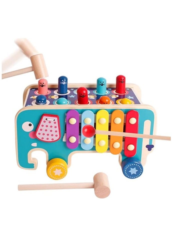 Wooden Hammering and Pounding Toys with 2 Mallets  1 Drumstick,Peg Pounding Bench, Elephant Gopher Toy, Tap Bench Hit Mole Hamster Game, Educational Wooden Toy Gift for Baby Toddlers (blue)