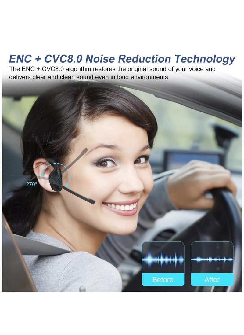 Bluetooth Headset with Microphone, Open Ear Headphones Wireless Noise Cancelling for Phone Laptop PC Computer, 10 Hours Playtime, Lightweight  Comfortable for Office Driving Working Home,black