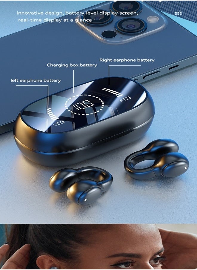 Bluetooth 5.3 Wireless Clip-on Headset Ultra-Low Latency Music Bluetooth Earphones and 360° Stereo Sound Bluetooth Earbuds with LED Power Display Bluetooth Headphones