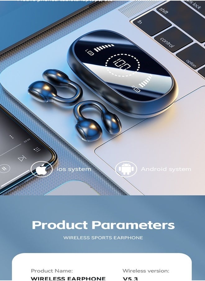 Bluetooth 5.3 Wireless Clip-on Headset Ultra-Low Latency Music Bluetooth Earphones and 360° Stereo Sound Bluetooth Earbuds with LED Power Display Bluetooth Headphones