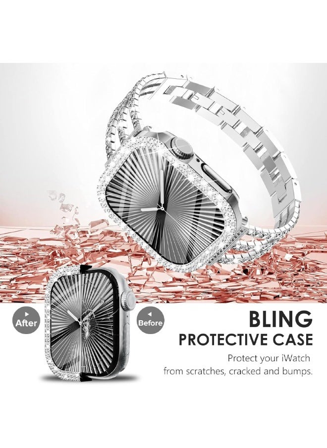 Compatible with Apple Watch Series 10 46mm Bling Case with Screen Protector, Double Row Crystal Diamond Design Hard PC Waterproof Bumper Case for iWatch Series 10 (2024) 46mm, Silver