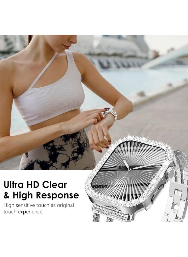 Compatible with Apple Watch Series 10 46mm Bling Case with Screen Protector, Double Row Crystal Diamond Design Hard PC Waterproof Bumper Case for iWatch Series 10 (2024) 46mm, Silver