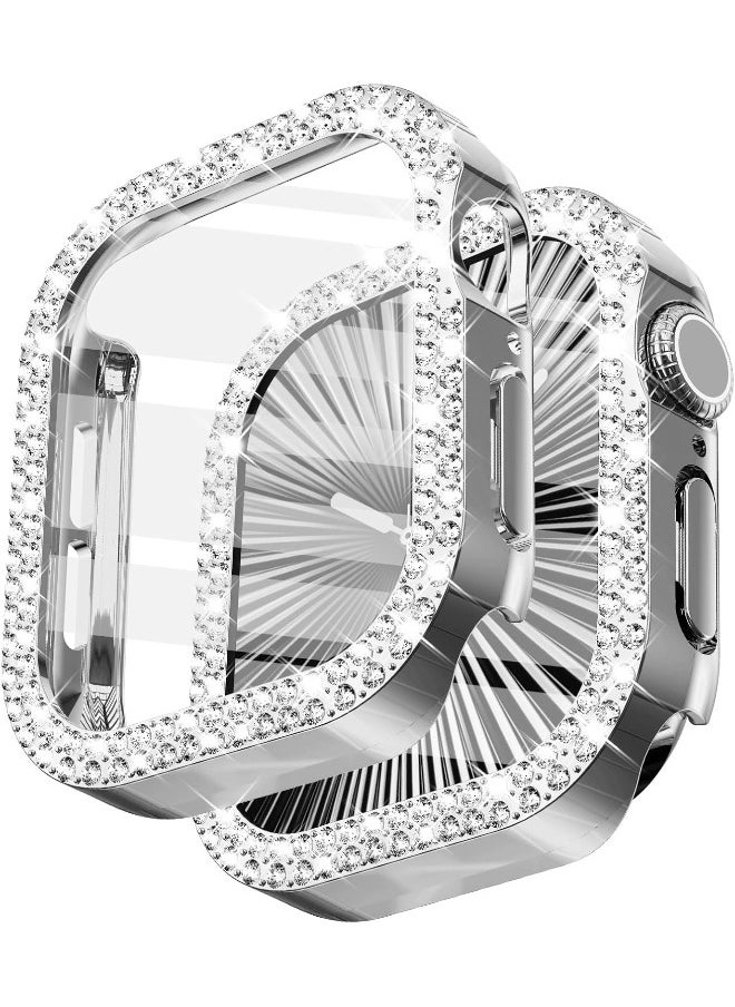 Compatible with Apple Watch Series 10 46mm Bling Case with Screen Protector, Double Row Crystal Diamond Design Hard PC Waterproof Bumper Case for iWatch Series 10 (2024) 46mm, Silver