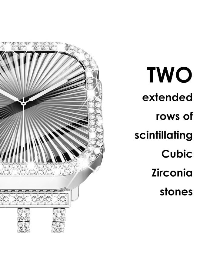 Compatible with Apple Watch Series 10 46mm Bling Case with Screen Protector, Double Row Crystal Diamond Design Hard PC Waterproof Bumper Case for iWatch Series 10 (2024) 46mm, Silver