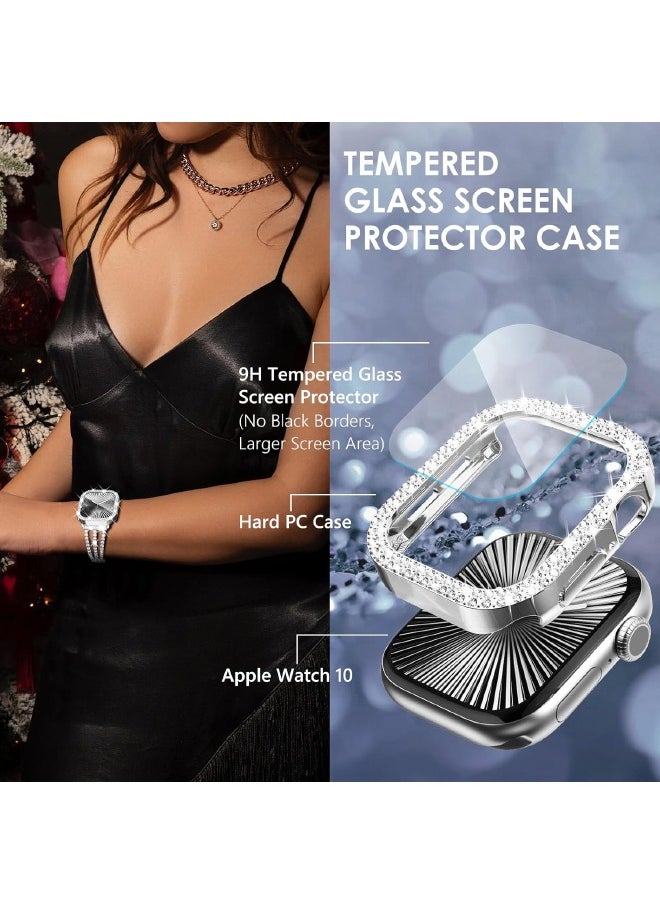 Compatible with Apple Watch Series 10 46mm Bling Case with Screen Protector, Double Row Crystal Diamond Design Hard PC Waterproof Bumper Case for iWatch Series 10 (2024) 46mm, Silver