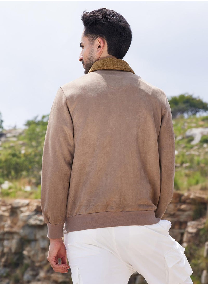 Men's Beige Zip-Front Jacket With Fleece Collar