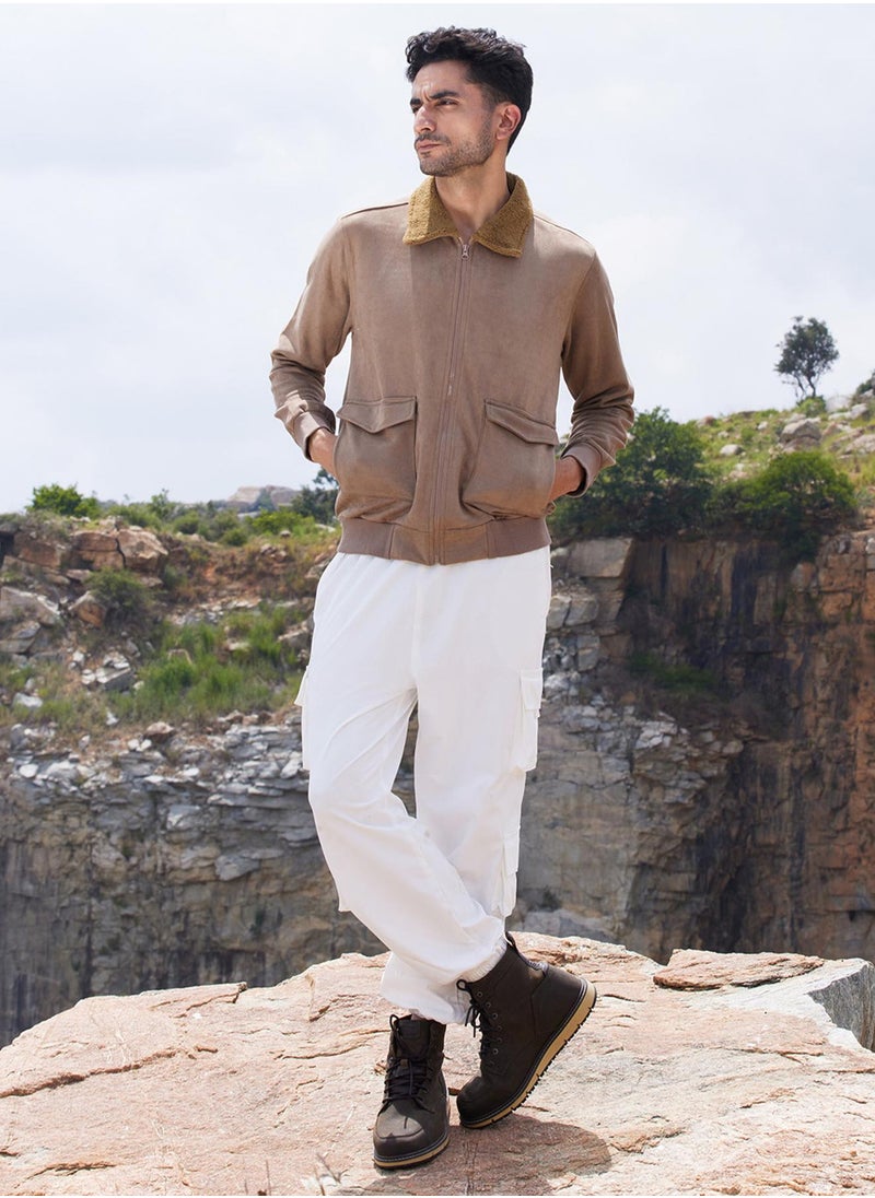 Men's Beige Zip-Front Jacket With Fleece Collar