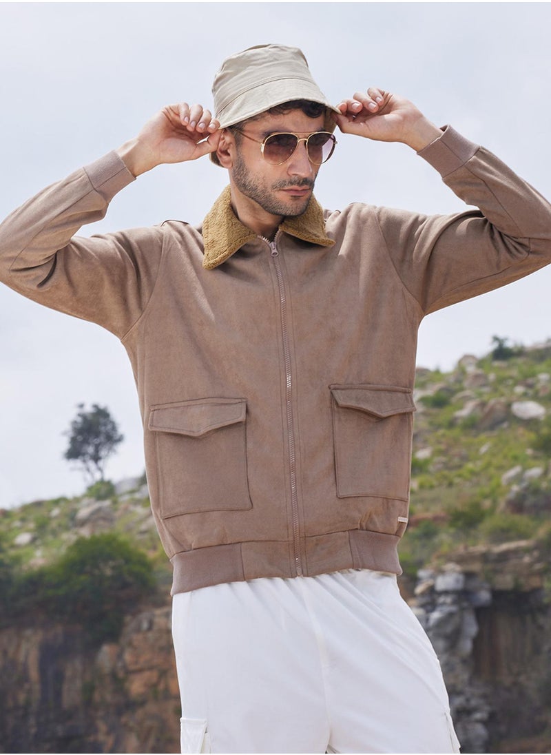 Men's Beige Zip-Front Jacket With Fleece Collar