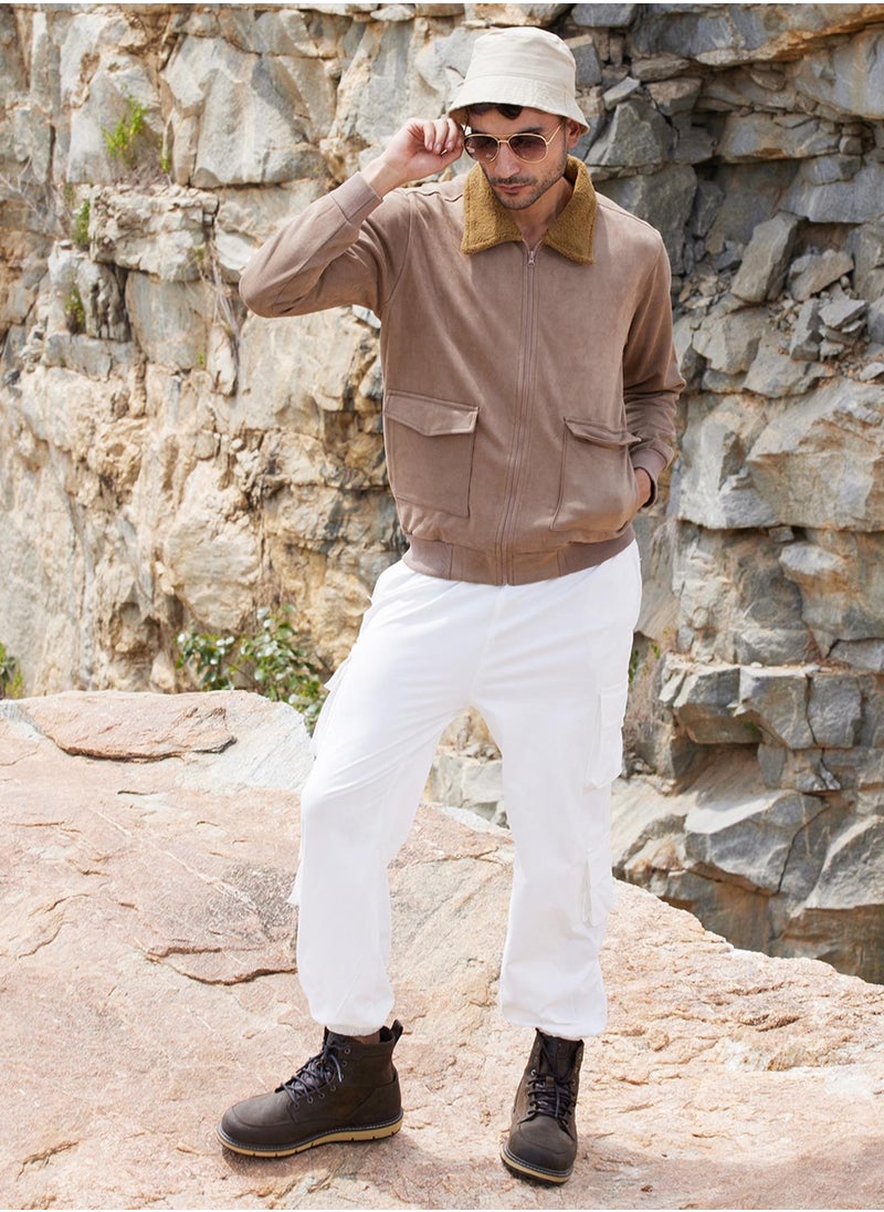 Men's Beige Zip-Front Jacket With Fleece Collar