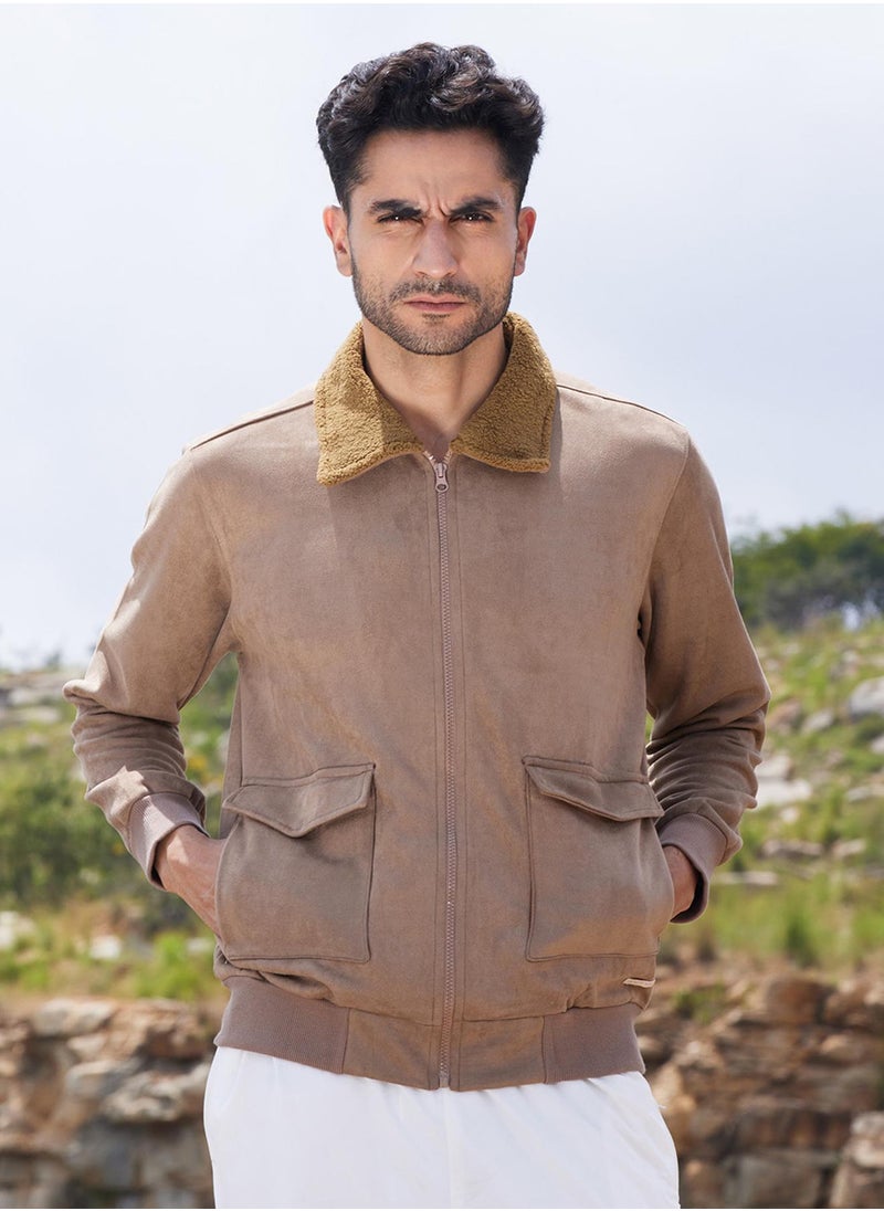 Men's Beige Zip-Front Jacket With Fleece Collar
