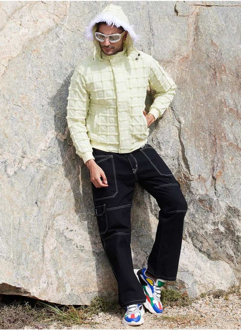 Men's Pale Yellow Self-Design Puffer Jacket With Fleece Hood