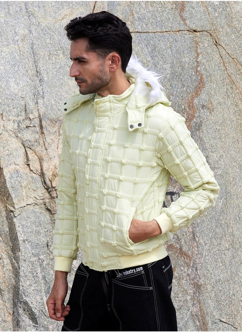 Men's Pale Yellow Self-Design Puffer Jacket With Fleece Hood