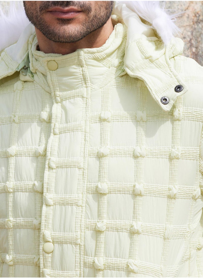 Men's Pale Yellow Self-Design Puffer Jacket With Fleece Hood