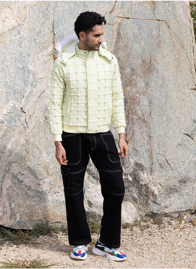 Men's Pale Yellow Self-Design Puffer Jacket With Fleece Hood