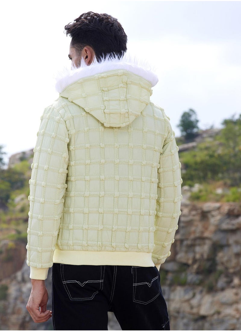 Men's Pale Yellow Self-Design Puffer Jacket With Fleece Hood