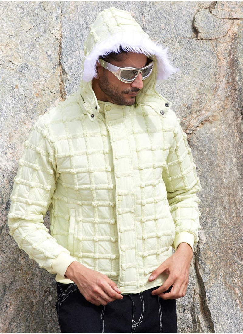 Men's Pale Yellow Self-Design Puffer Jacket With Fleece Hood