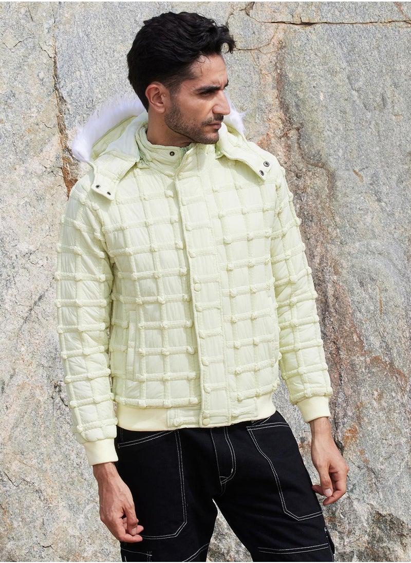 Men's Pale Yellow Self-Design Puffer Jacket With Fleece Hood