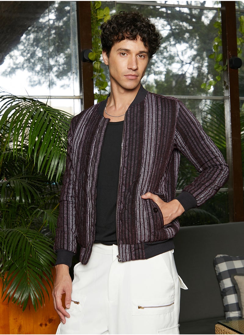 Men's Charcoal Grey Striped Quilted Bomber Jacket