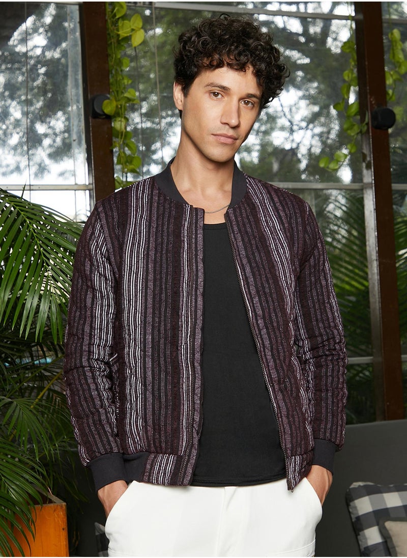Men's Charcoal Grey Striped Quilted Bomber Jacket