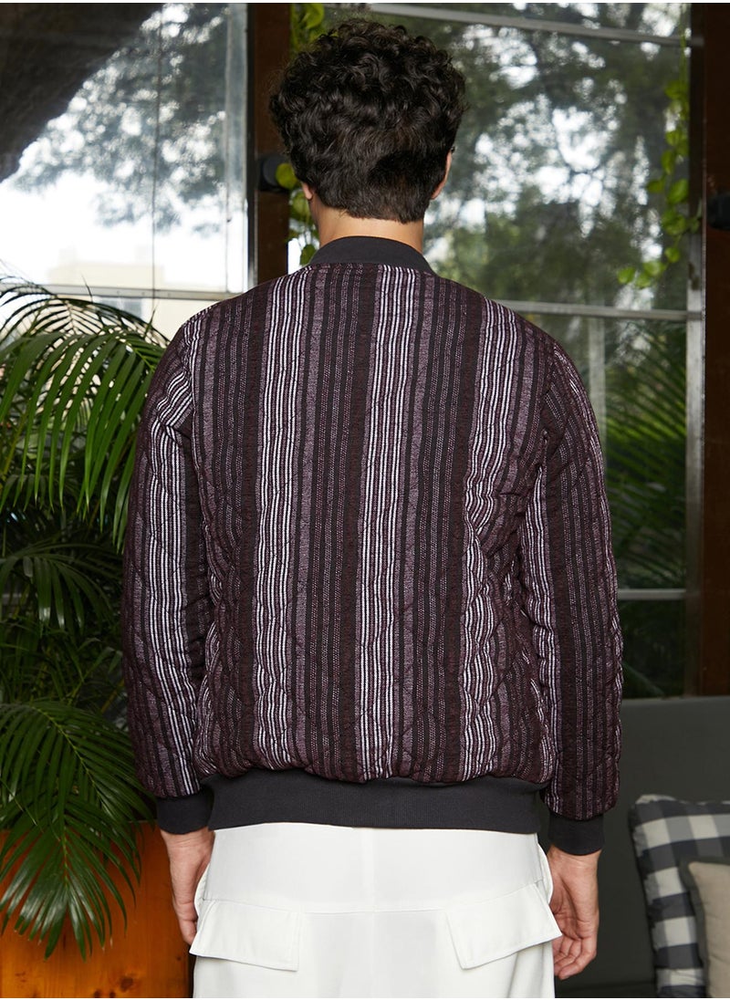 Men's Charcoal Grey Striped Quilted Bomber Jacket