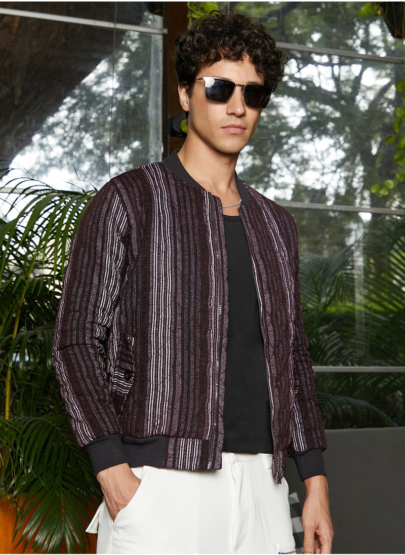 Men's Charcoal Grey Striped Quilted Bomber Jacket