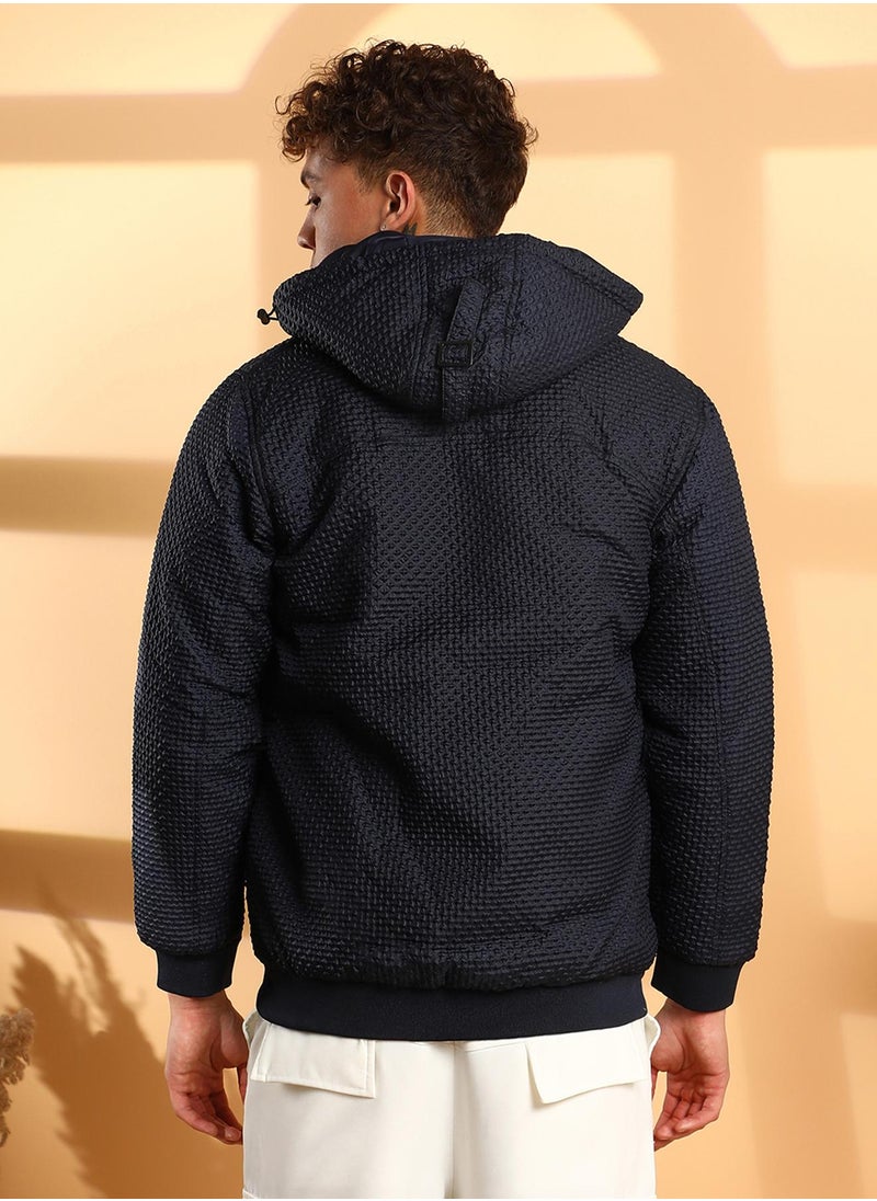 Men's Navy Blue Self-Design Diamond Puffer Jacket With Fleece Hood