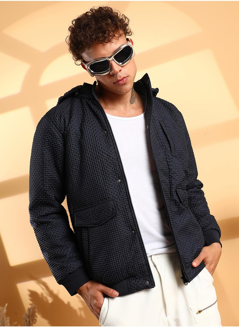 Men's Navy Blue Self-Design Diamond Puffer Jacket With Fleece Hood
